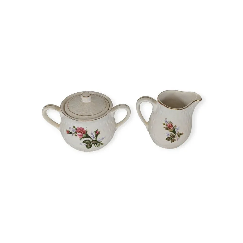 Vintage Floral Ceramic Creamer & Sugar set Rimmed in Gold Tone Accent